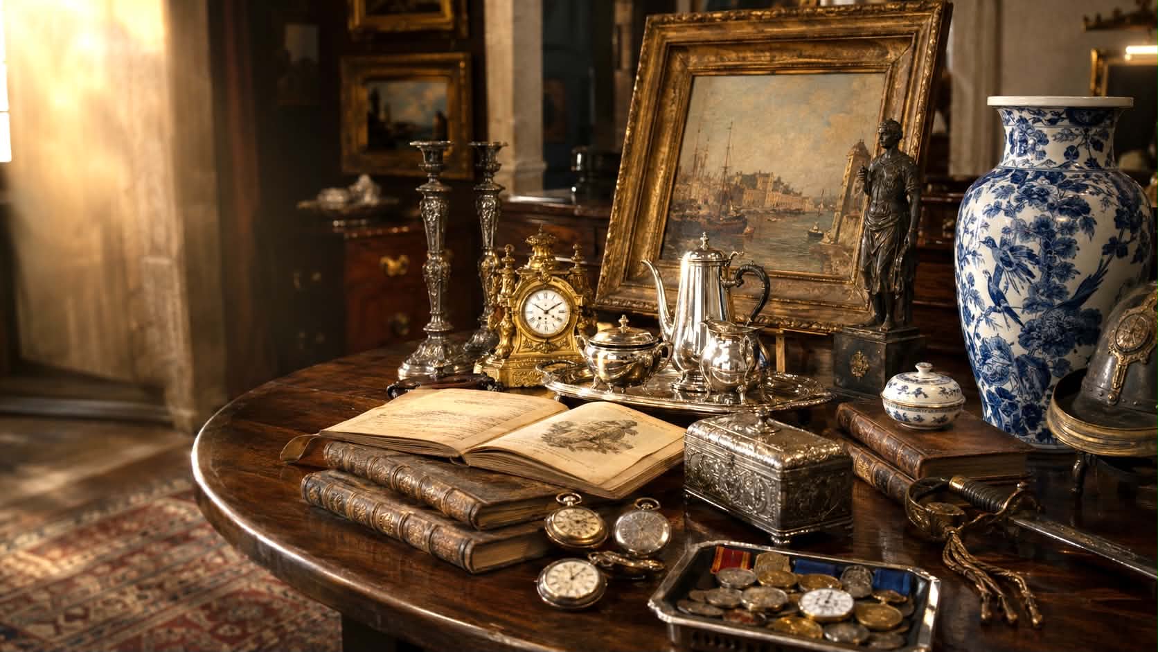 objetos antigos de coleção sobre mesa de madeira para análise de valor