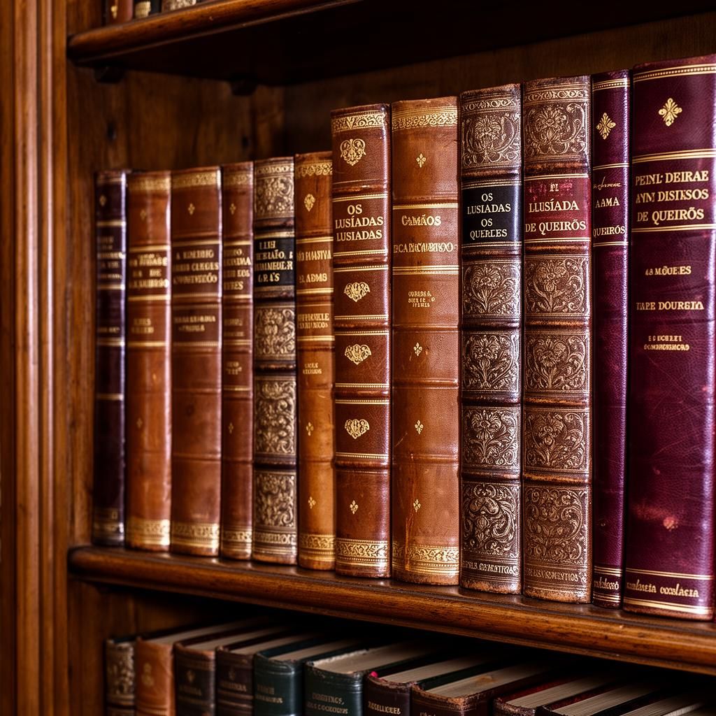 livros antigos portugueses numa estante de biblioteca particular