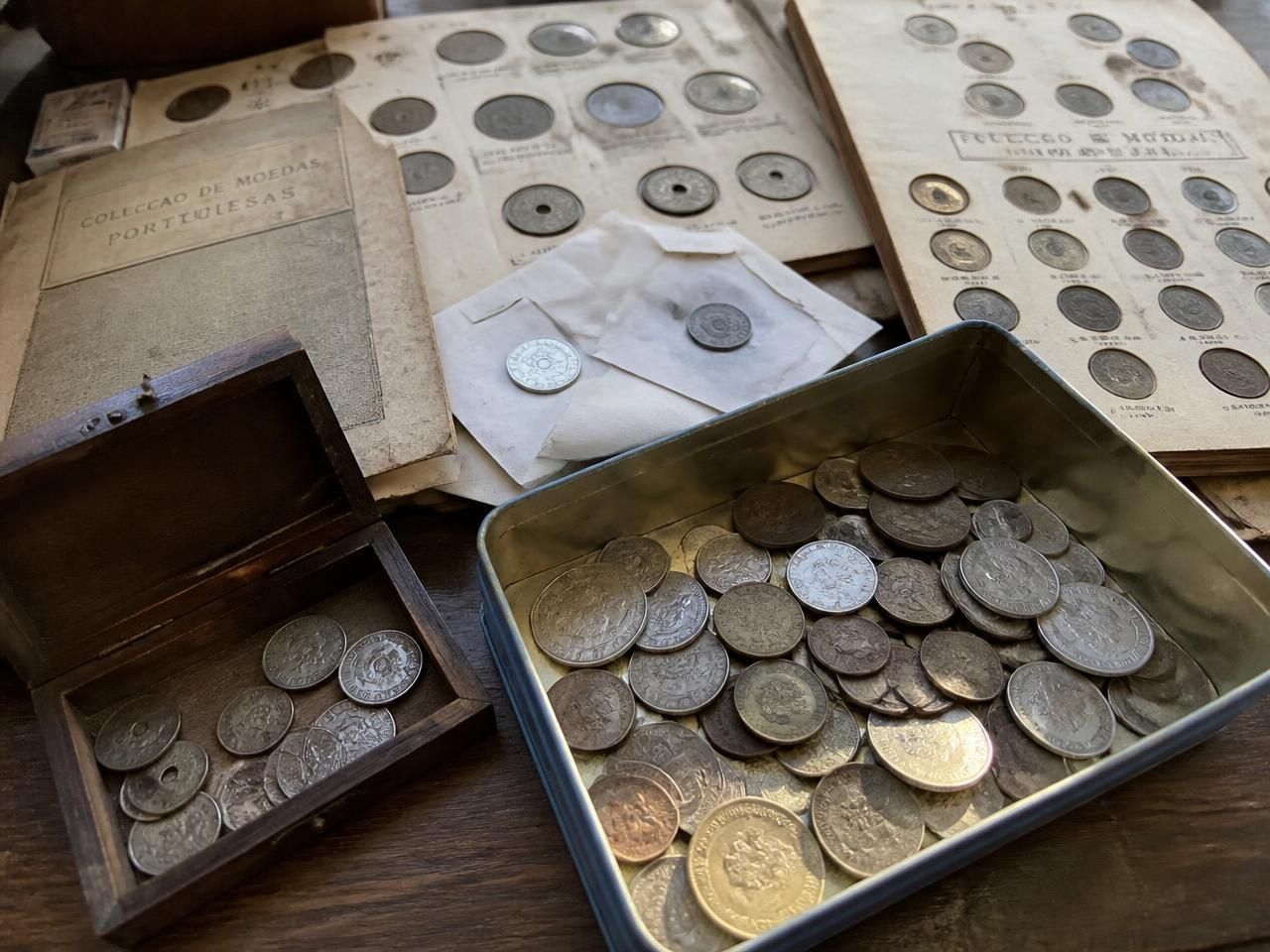 Coleção de moedas antigas herdada, com álbuns e caixas